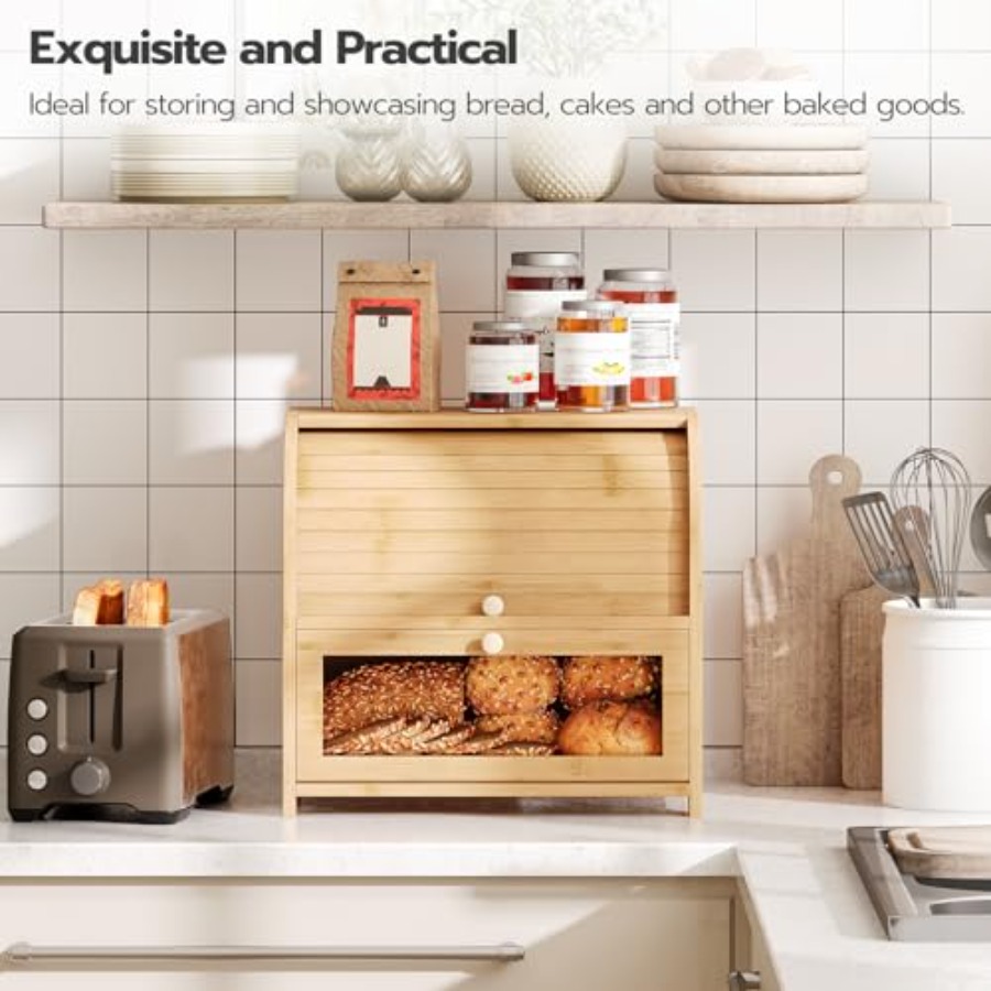 Bread Box, Bamboo Bread Box fo - Food Storage Box Large ulasan dan harga