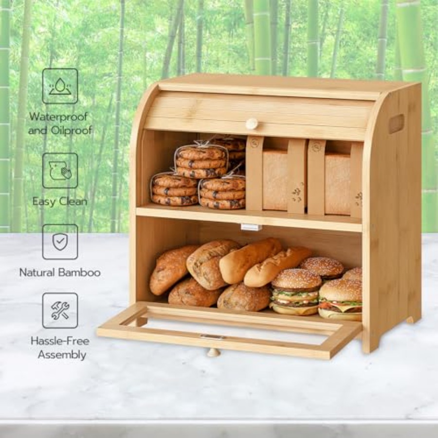 Bread Box, Bamboo Bread Box fo - Food Storage Box Large ulasan dan harga