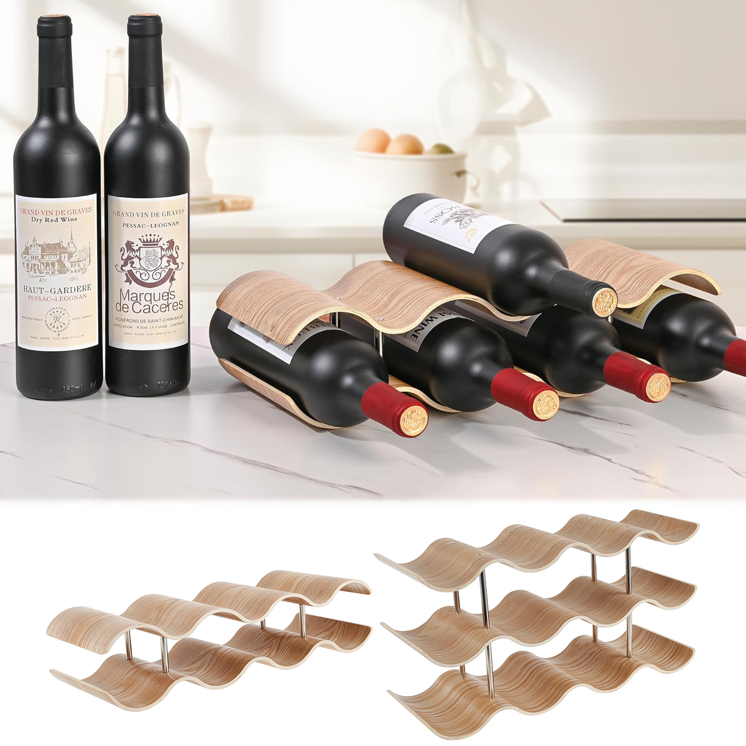 2/3-Tier Wooden Wine Rack Wavy - Food Storage Utensils ulasan dan harga